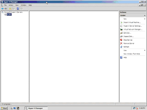 図4：HYPER-V Managerの初期画面。仮想マシンが追加されると画面中央に表示される