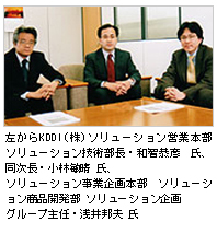 左からKDDI（株） ソリューション営業本部 ソリューション技術部長・和智恭彦 氏、同次長・小林敏晴 氏、ソリューション事業企画本部 ソリューション商品開発部 ソリューション企画グループ主任・浅井邦夫 氏