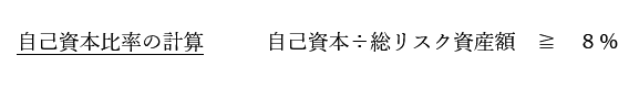 自己資本比率の計算：自己資本÷総リスク資産額≧８％