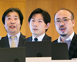 ピツニーボウズジャパン株式会社 ソフトウェア事業部 執行役員 事業本部長 加固 秀一氏(左)、住友生命保険相互会社 代理店事業部 代理店業務スキル開発室 副長 金田 純一郎氏(中央)、伊藤忠テクノソリューションズ株式会社 金融サービス企画・推進部 新田 恭介(右)