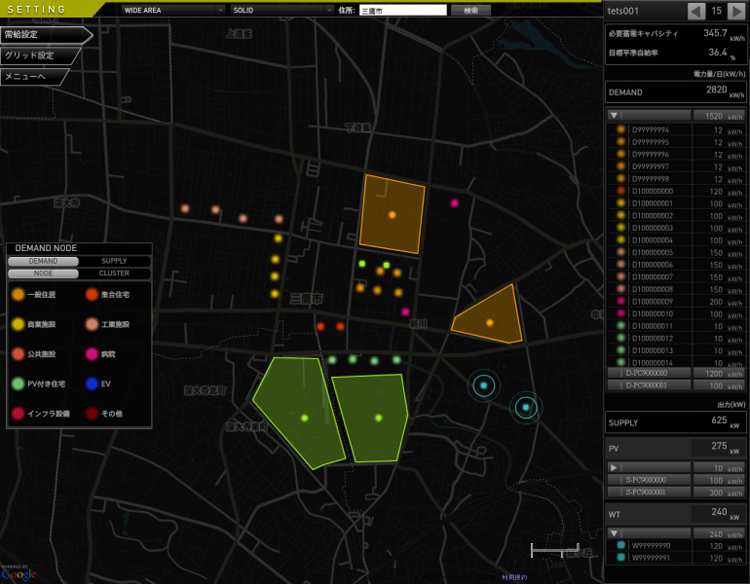 地図画面での需要施設と供給施設の配置