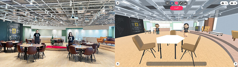 「Innovation Space DEJIMA」(左)をバーチャル空間に再構築(右)。
