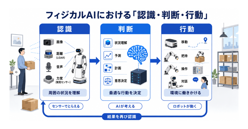 フィジカルAIの「認識・判断・行動」を示す概念図