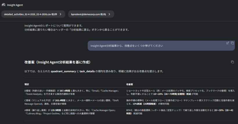 Insight Agentのチャット形式での改善案提示イメージ
