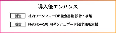導入後エンハンス製造:社内ワークフローDB監査基盤設計・構築通信:NetFlow分析用ダッシュボード設計*運用支援