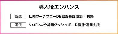 導入後エンハンス製造：社内ワークフローDB監査基盤設計・構築通信：NetFlow分析用ダッシュボード設計*運用支援