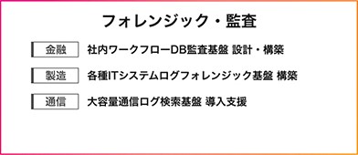 フォレンジック・監査金融：社内ワークフローDB監査基盤設計・構築製造：各種ITシステムログフォレンジック基盤構築通信：大容量通信ログ検索基盤導入支援