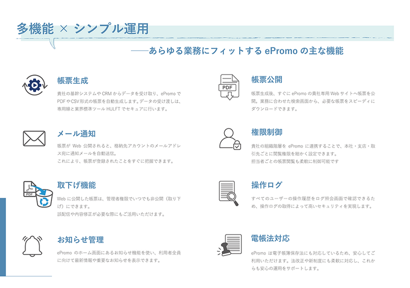 多機能 × シンプル運用― あらゆる業務にフィットする ePromo の主な機能