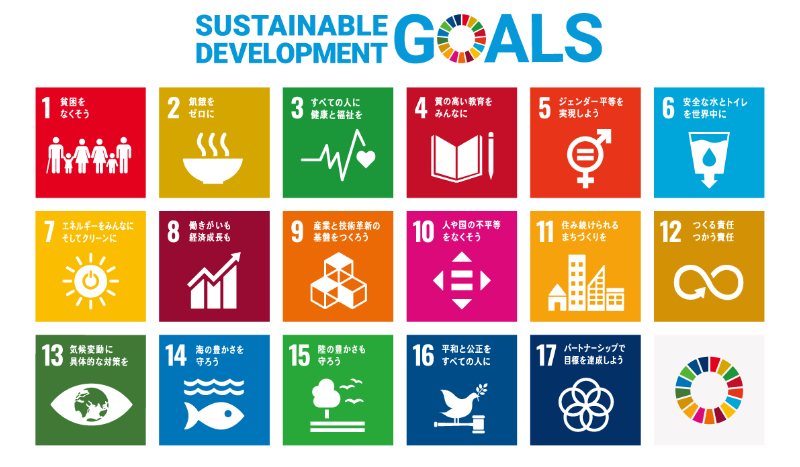 
									SUSTAINABLE DEVELOPMENT GOALS
									1 貧困をなくそう
									2 飢餓をゼロに
									3 すべての人に健康と福祉を
									4 質の高い教育をみんなに
									5 ジェンダー平等を実現しよう
									6 安全な水とトイレを世界中に
									7 エネルギーをみんなに そしてクリーンに
									8 働きがいも経済成長も
									9 産業と技術革新の基盤をつくろう
									10 人や国の不平等をなくそう
									11 住み続けられるまちづくりを
									12 つくる責任 つかう責任
									13 気候変動に具体的な対策を
									14 海の豊かさを守ろう
									15 陸の豊かさも守ろう
									16 平和と公正をすべての人に
									17 パートナーシップで目標を達成しよう
							