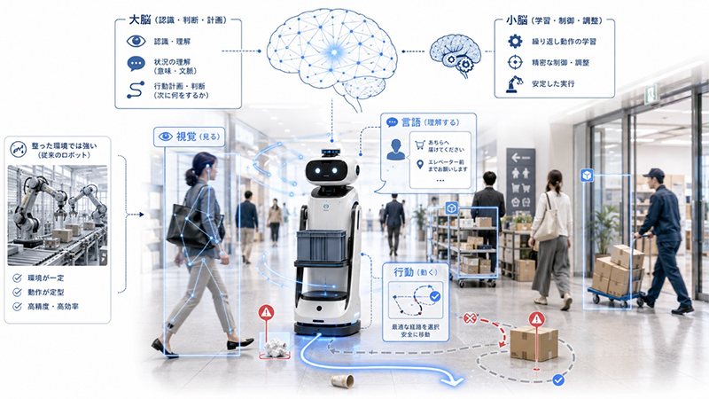 AIによる認識・判断機能を搭載した自律走行ロボットが施設内で障害物を回避しながら荷物を運搬するイメージ