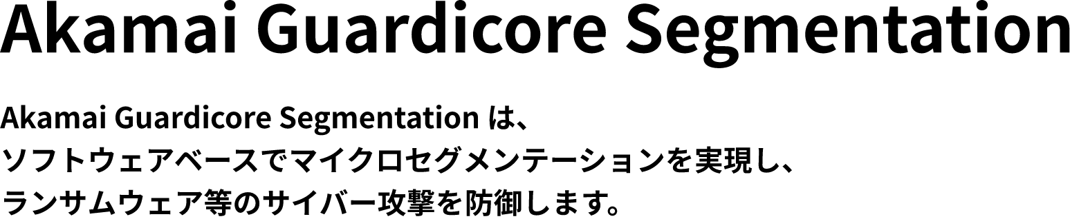 Akamai Guardicore Segmentation. Akamai Guardicore Segmentationは、ソフトウェアベースでマイクロセグメンテーションを実現し、ランサムウェア等のサイバー攻撃の被害を防御します。