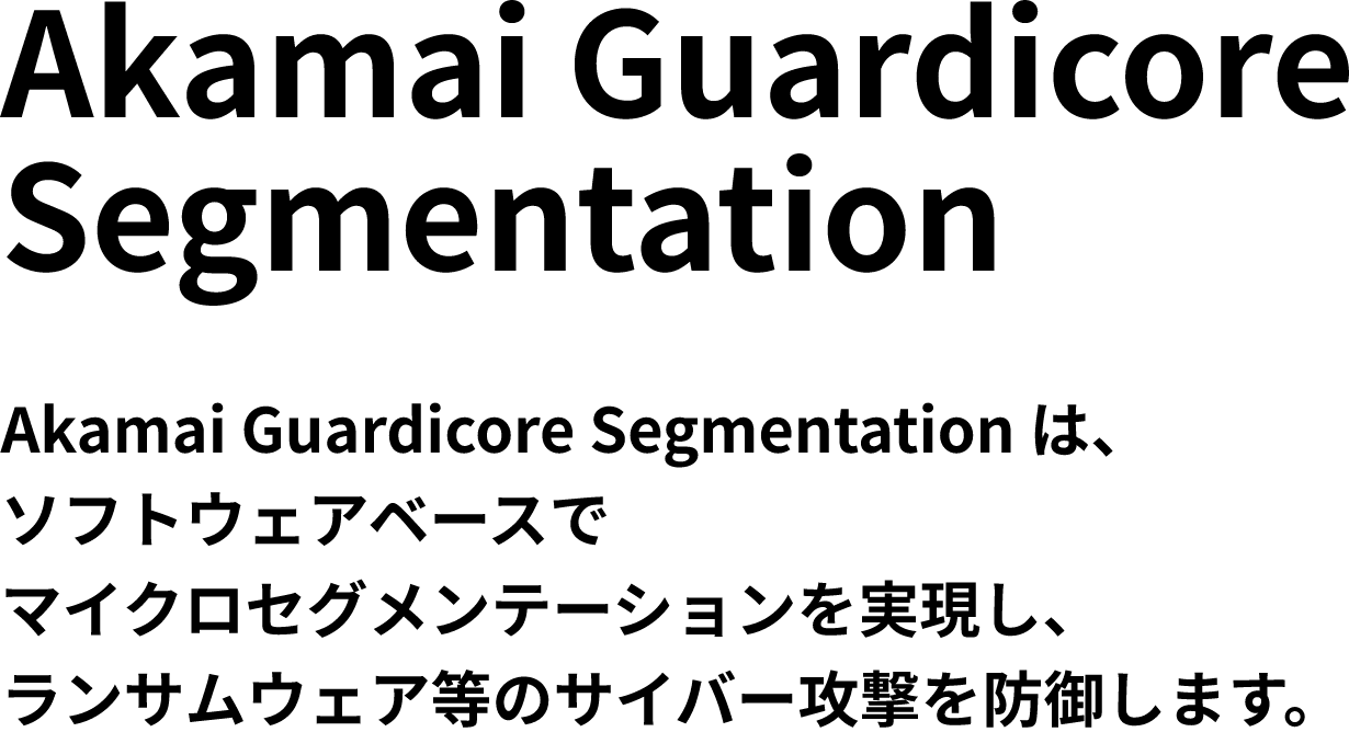 Akamai Guardicore Segmentation. Akamai Guardicore Segmentationは、ソフトウェアベースでマイクロセグメンテーションを実現し、ランサムウェア等のサイバー攻撃の被害を防御します。