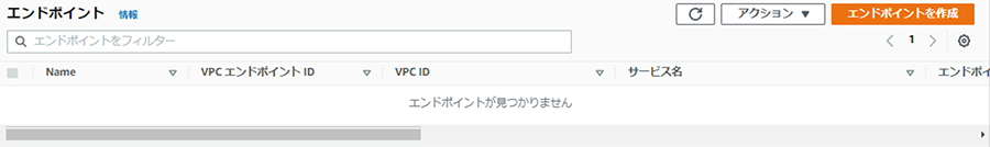 1．AWSコンソールにてVPCのページを開き、左のメニューからエンドポイントを選択し、画面右上の「エンドポイントを作成」をクリックする。