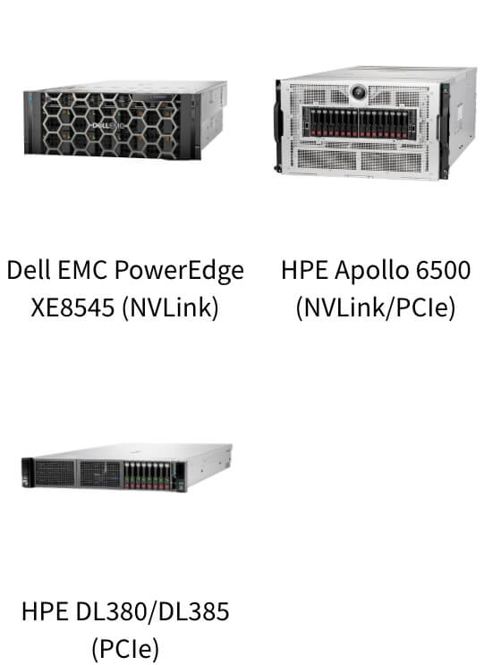 Dell EMC PowerEdge XE8545 (NVLink) HPE Apollo 6500(NVLink/PCle) HPE DL385 Gen10(PCle)