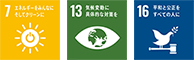 SDGsの目標7「エネルギーをみんなに。そしてクリーンに」、SDGsの目標13「気候変動に具体的な対策を」、SDGsの目標16「平和と公正をすべての人に」